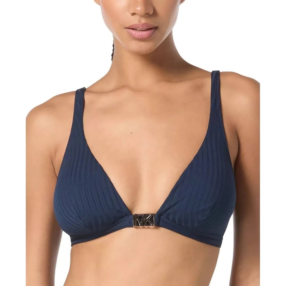 NWT Michael Kors Bikini Top Womens Midnight Blue Ribbed MK Logo M $60‎